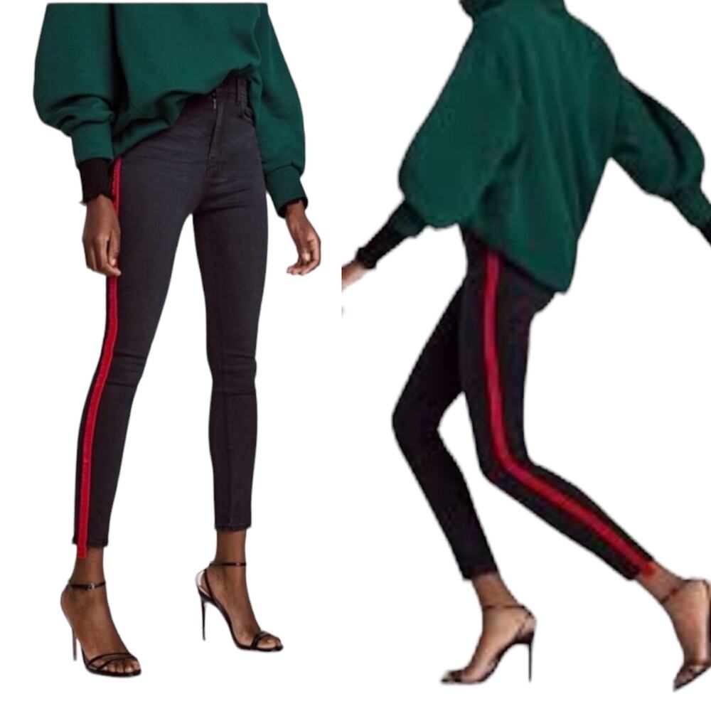 NWT Zara Black Skinny High Waist Red Velvet Side Stripe Pants Denim Size 12